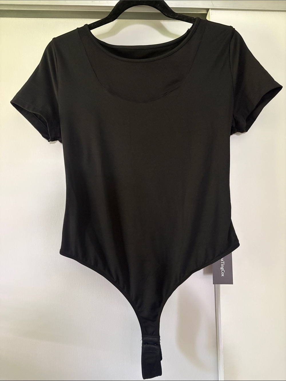 NWT XL Black Short-Sleeve Thong Bodysuit with Sheer Scoop Neck Detail
